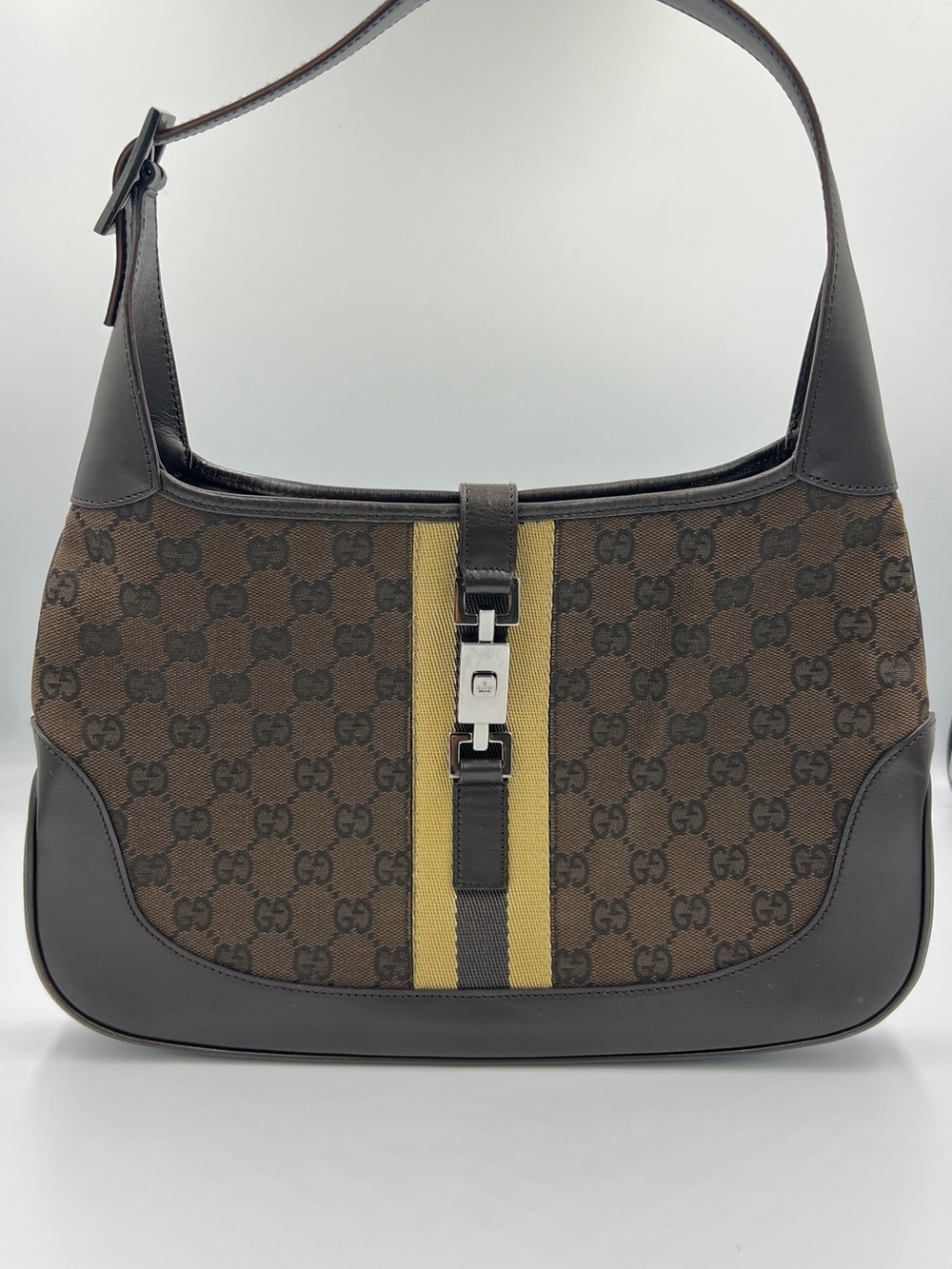 Gucci Brown GG Canvas Shoulder Bag with Yellow Center Stripe